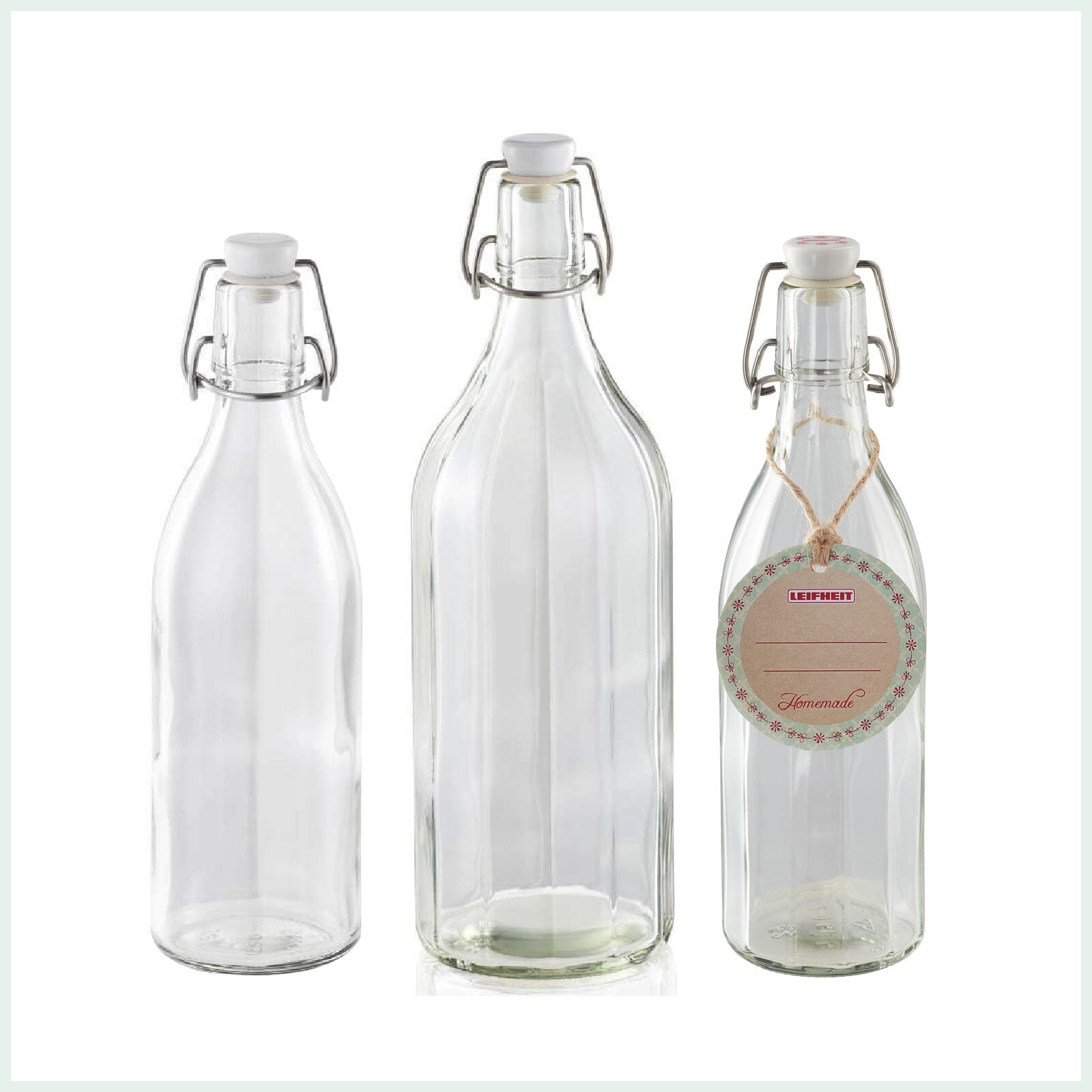 Leifheit preserve bottles with swing top closure and faceted or round designs. Ideal for cordials, kombucha and juices.