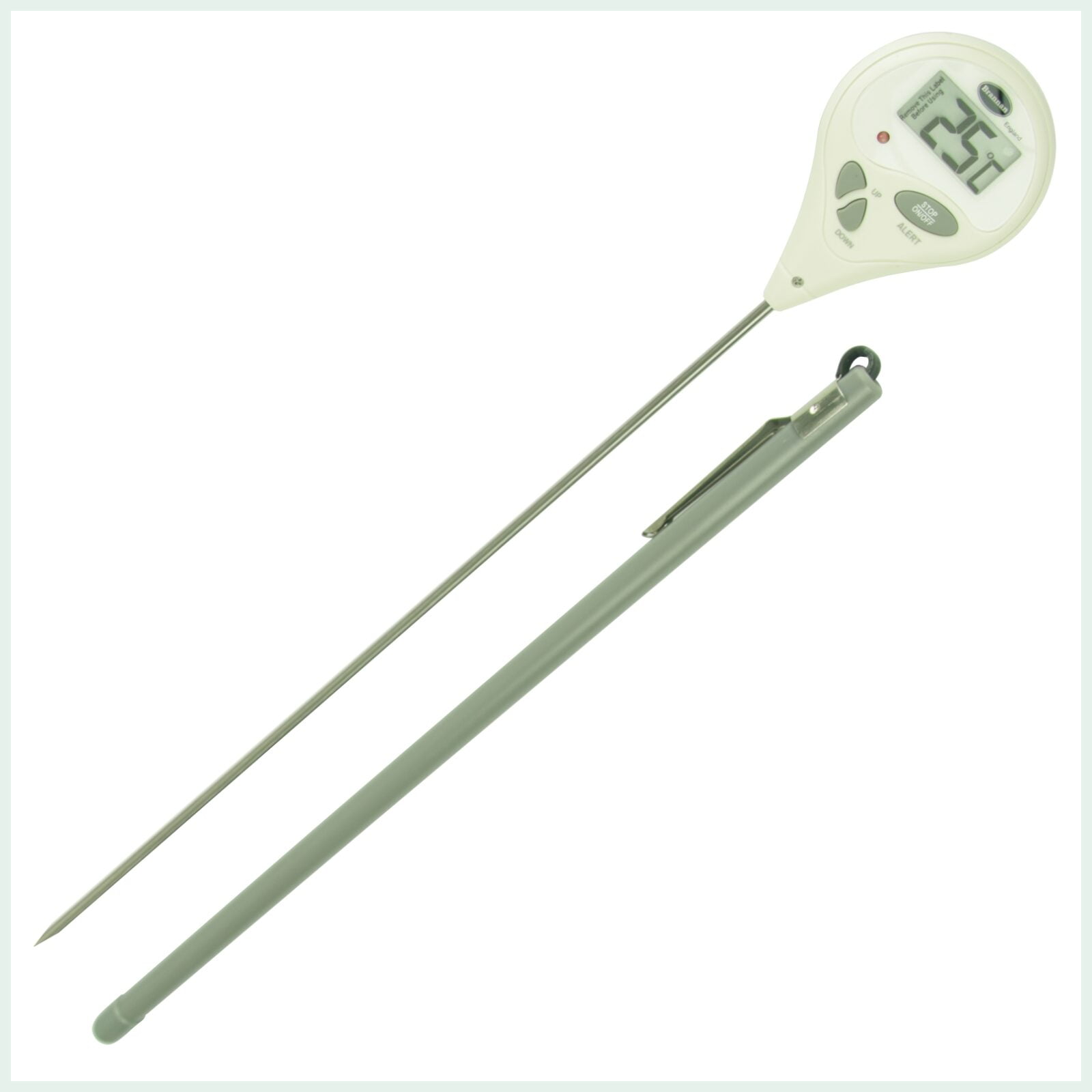 20cm digital probe thermometer with temperature alarm. For jam making, canning and pasteurising.
