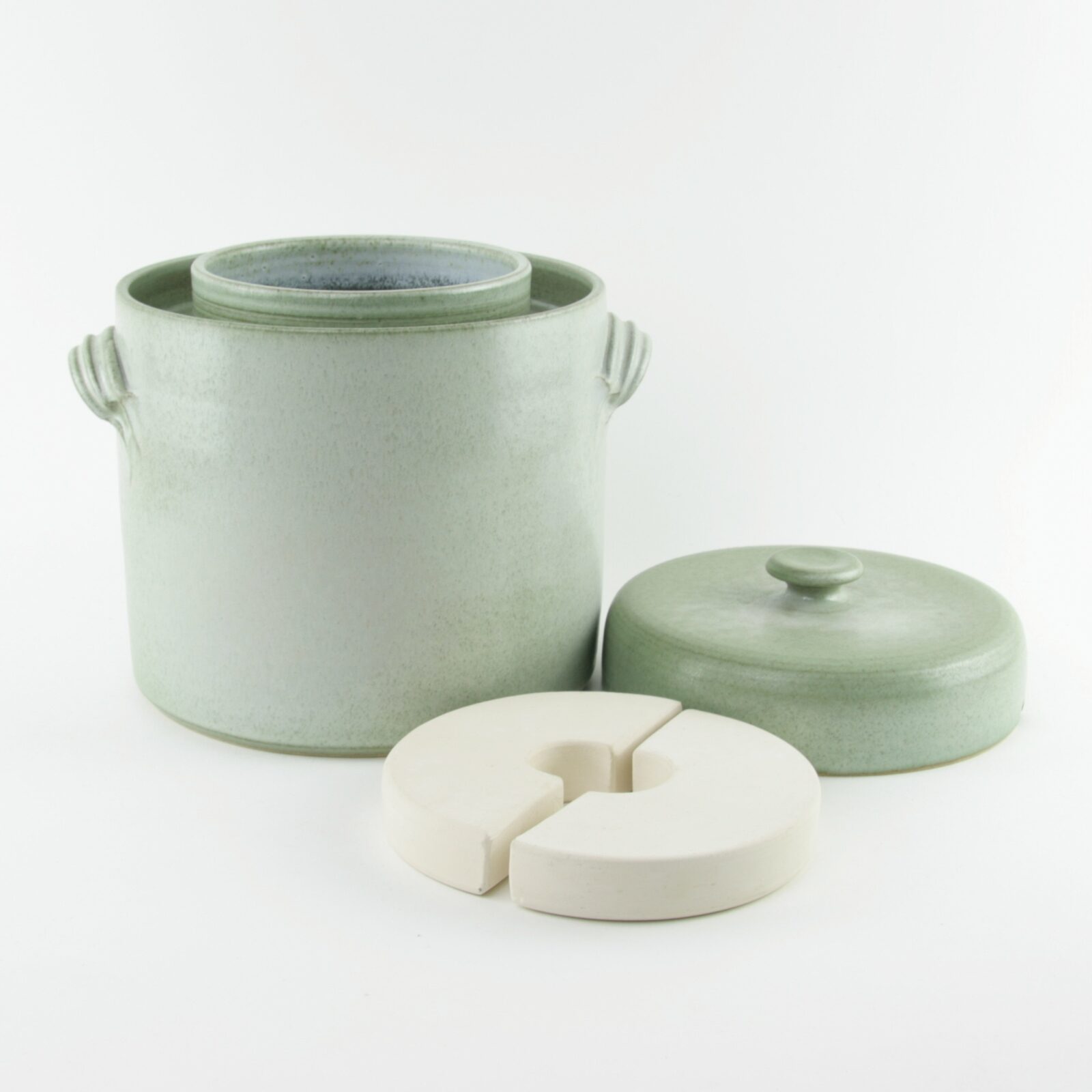 2 litre handmade ceramic sauerkraut crock in green with weight stones