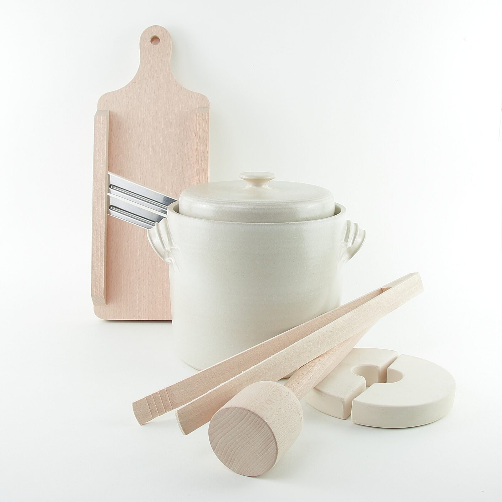 2 litre handmade ceramic sauerkraut crocks with wooden tools