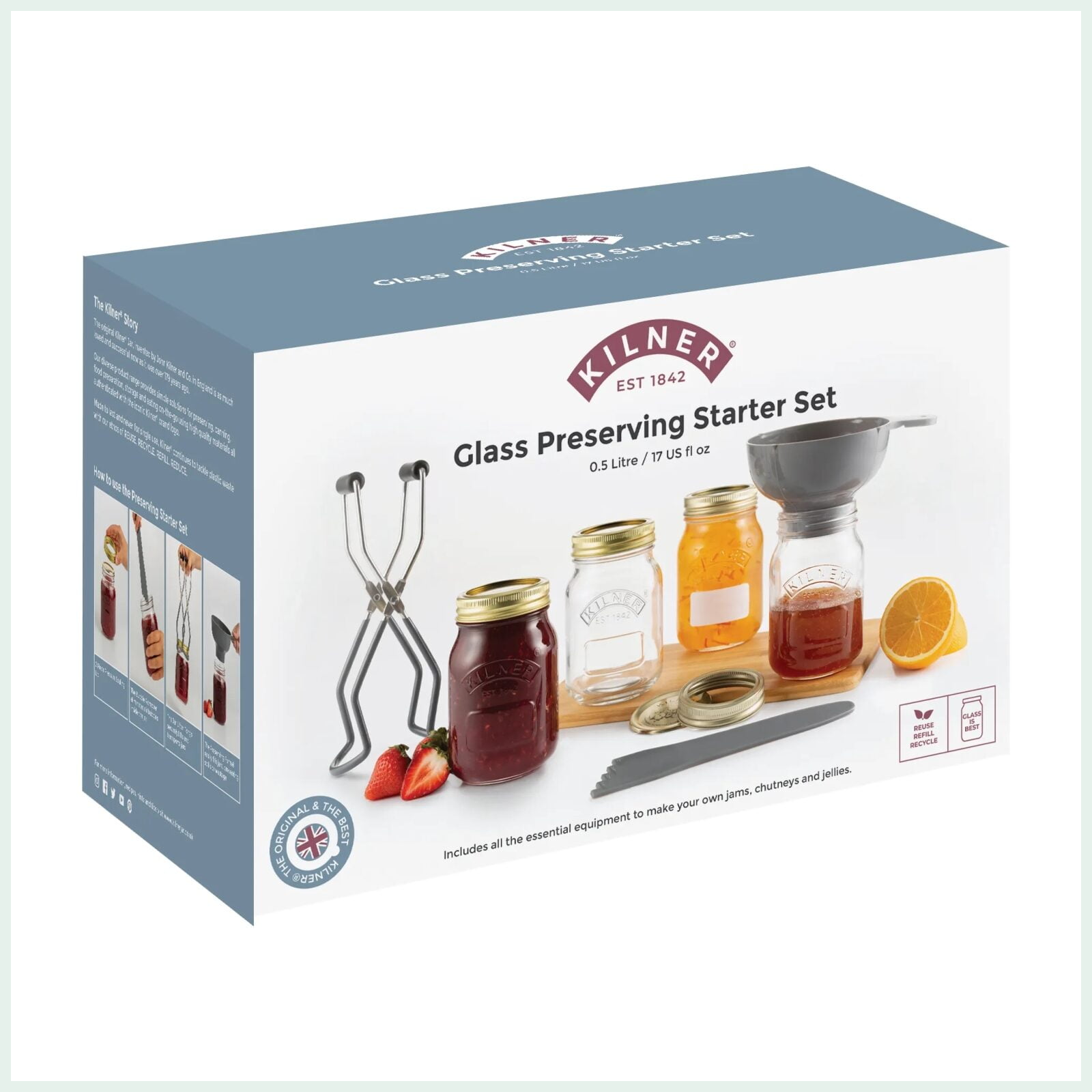 kilner 8 piece preserving starter set with jar lifting tongs